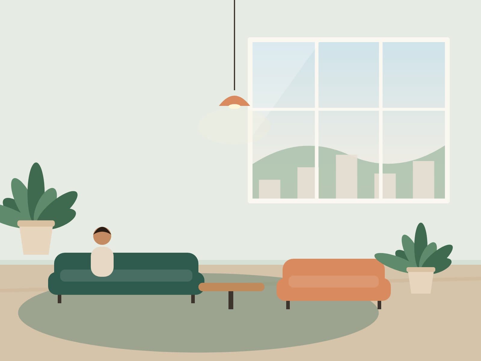 Lounge seating area with low tables and indoor plants