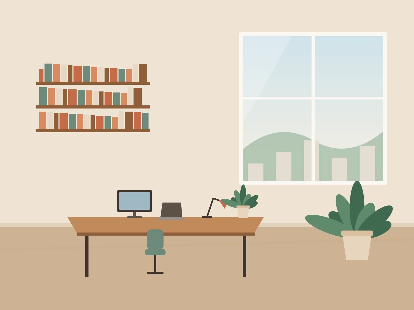 Dedicated desk with a desk lamp, monitor and plant