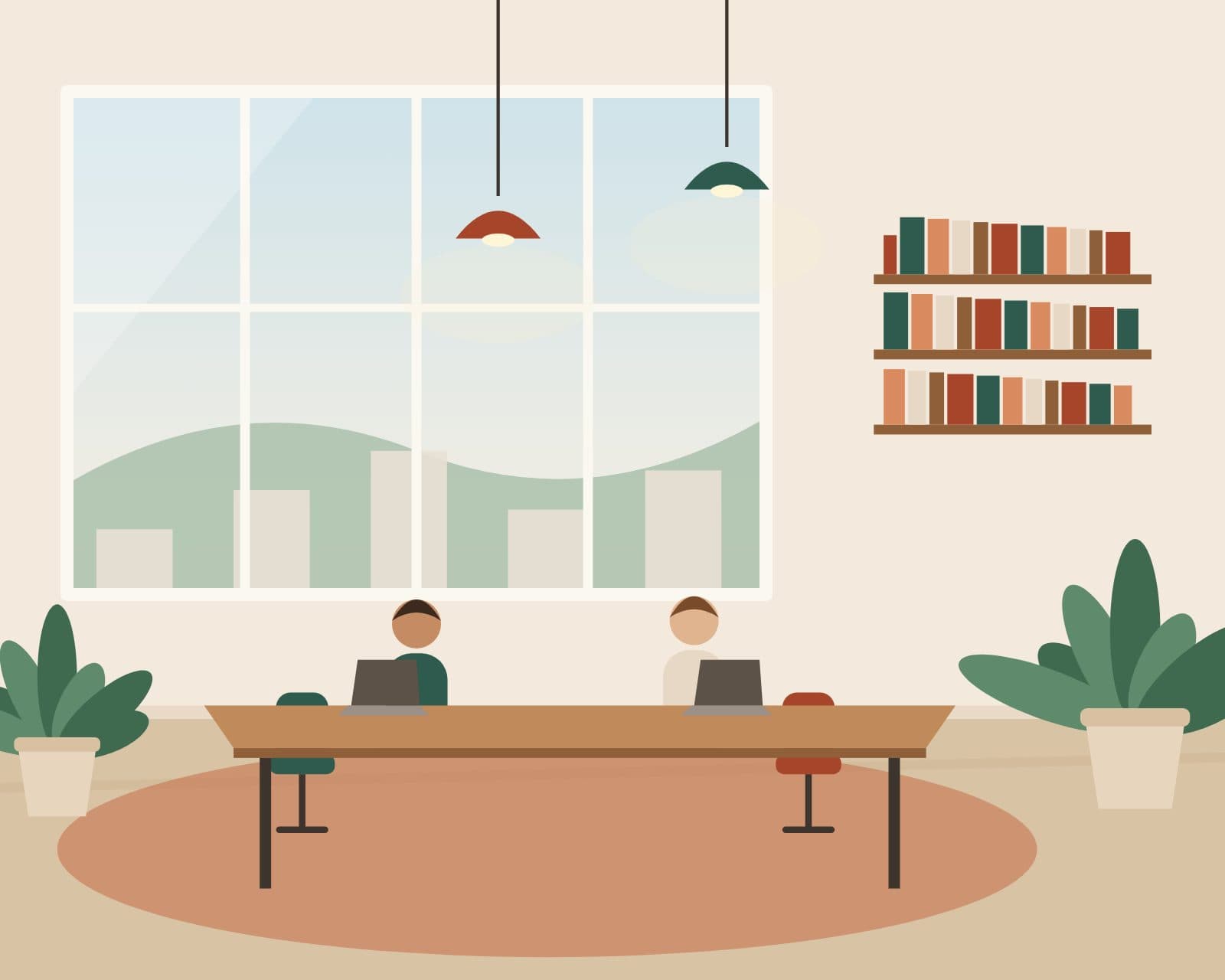 Bright coworking lounge with a shared table, lounge chairs and large windows