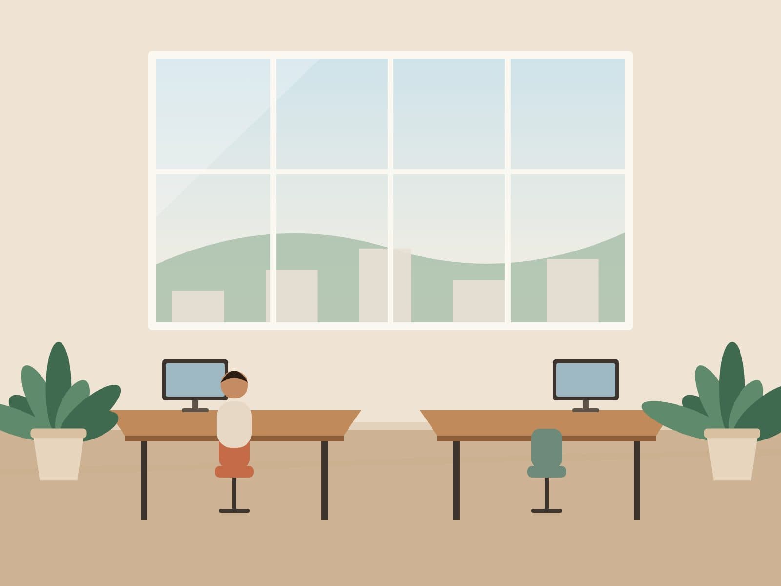 Small team office with desks arranged around a window