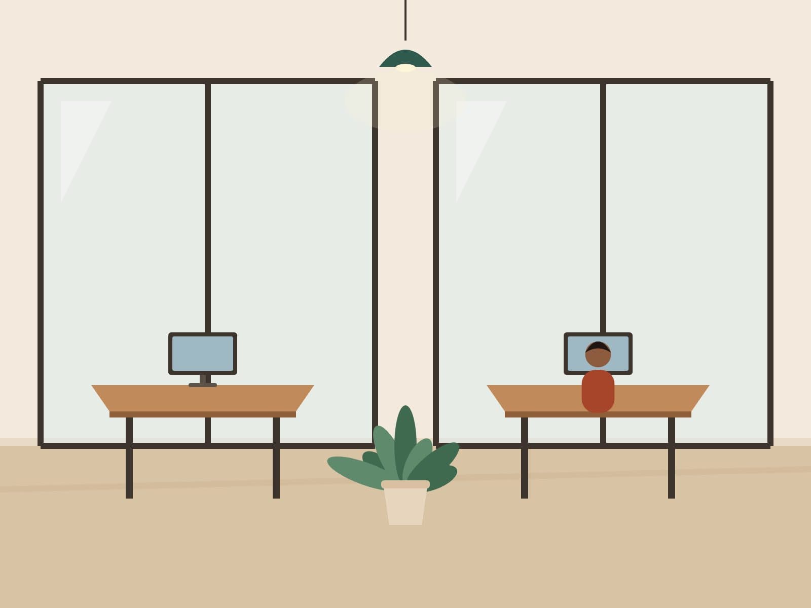 Corridor of private offices with glass partitions
